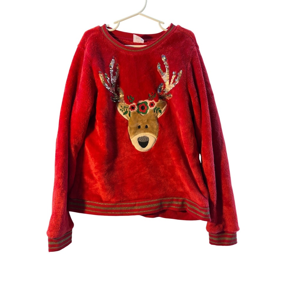 Wonder Nation Red‎ Plush Reindeer Sequin Holiday Sweatshirt Kids Size L 10-12